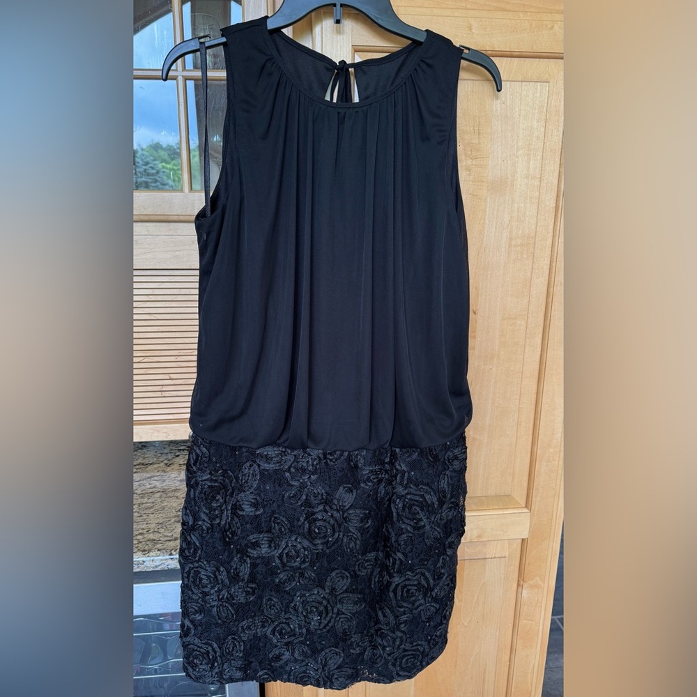 Elegant Black Dress by Jackie Jon with Floral Lace Skirt Size 14